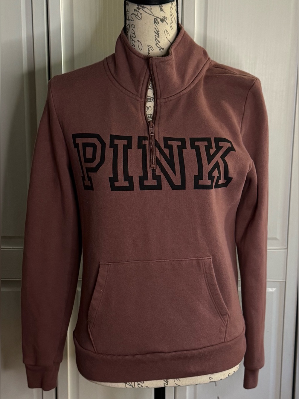 PINK Victoria's Secret Half-Zip Pullover in Dusty Mauve with Black Logo